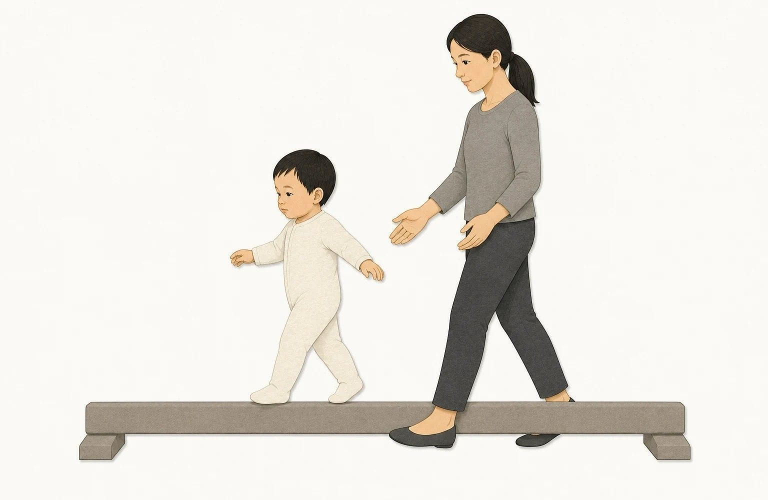 幼儿在平衡木上行走,评估者在侧方同步前行,双手张开随时保护,但不扶住孩子