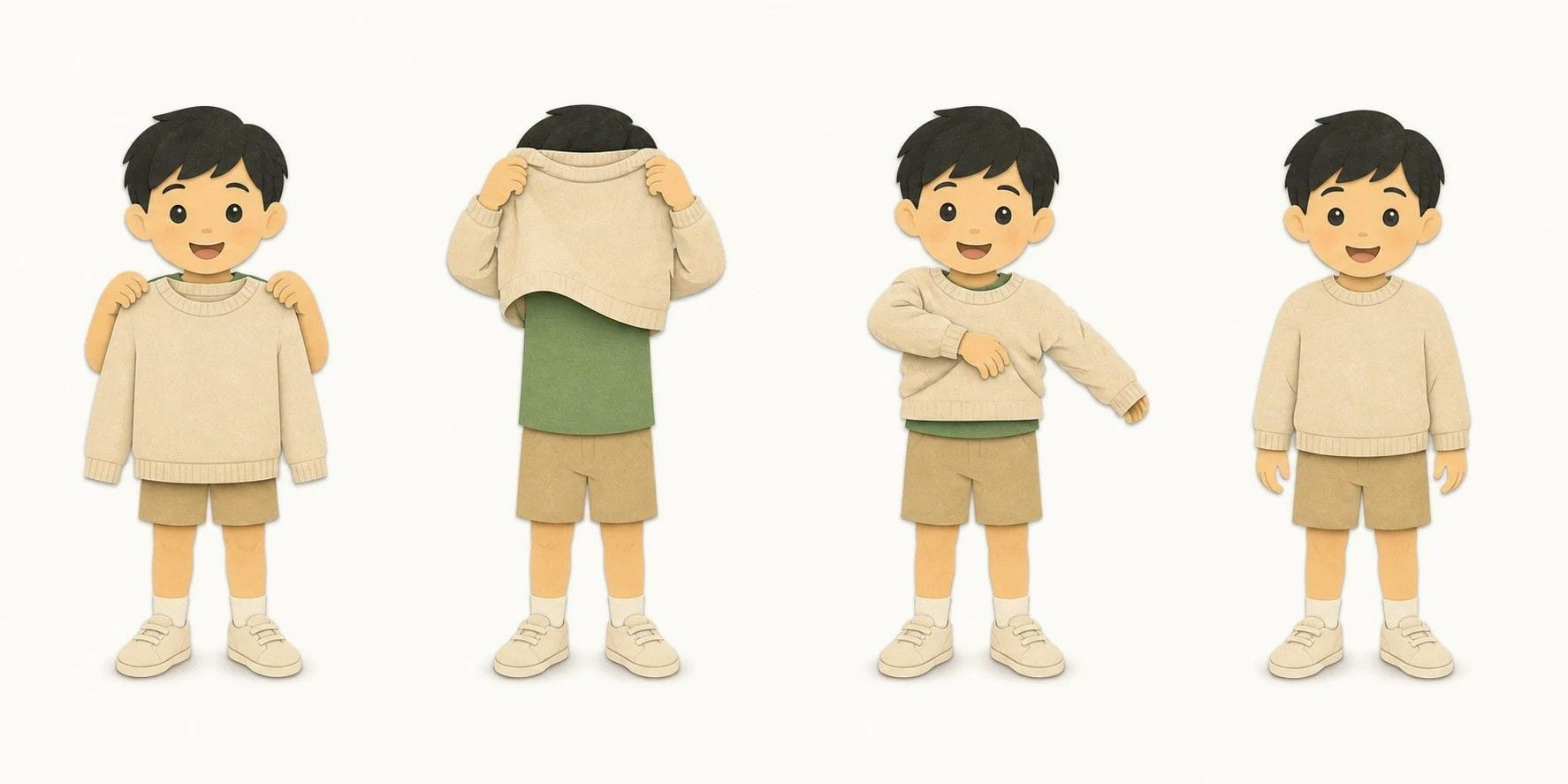 四格顺序图卡「穿套头衫」:孩子拿起套头衫、从头上套下、伸出手臂、穿好站直