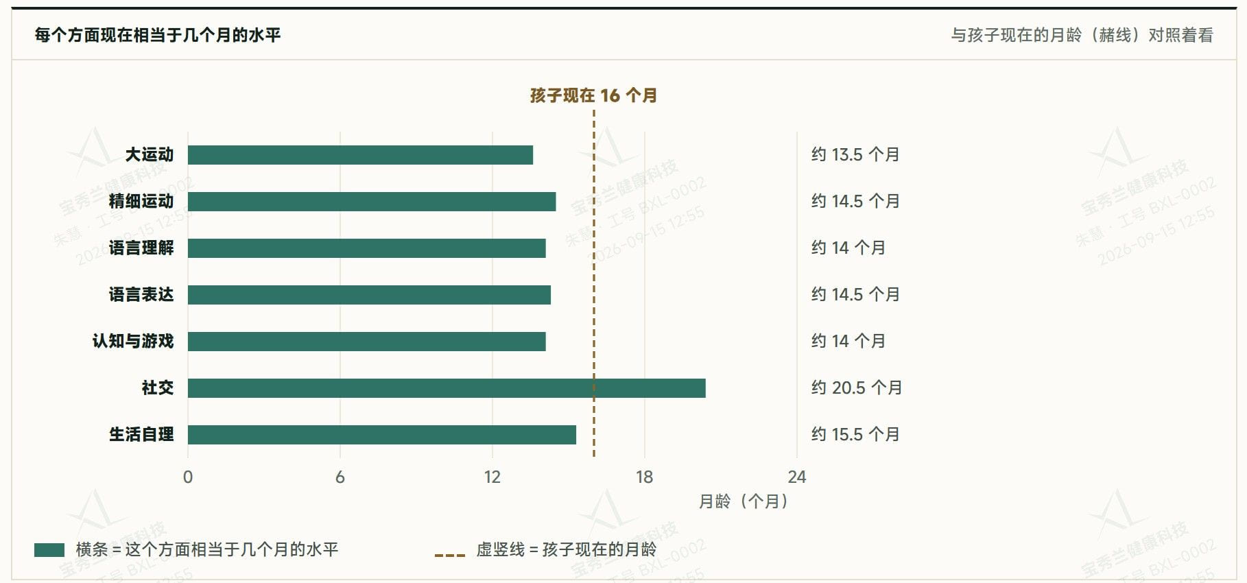 报告截图:「每个方面现在相当于几个月的水平」横条图,七个方面与孩子现在的月龄画在同一张图上