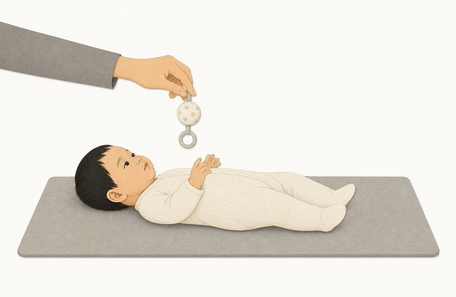 仰卧在垫子上的婴儿,评估者把摇铃提在婴儿胸前正上方,婴儿抬起双手准备够取