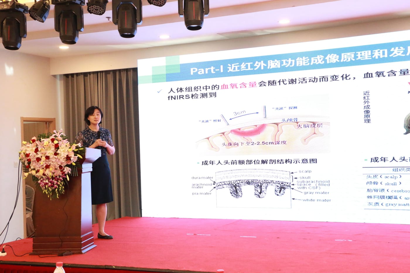 乔惠婷副教授站在舞台上作报告,大屏幻灯片标题为「Part-I 近红外脑功能成像原理和发展」