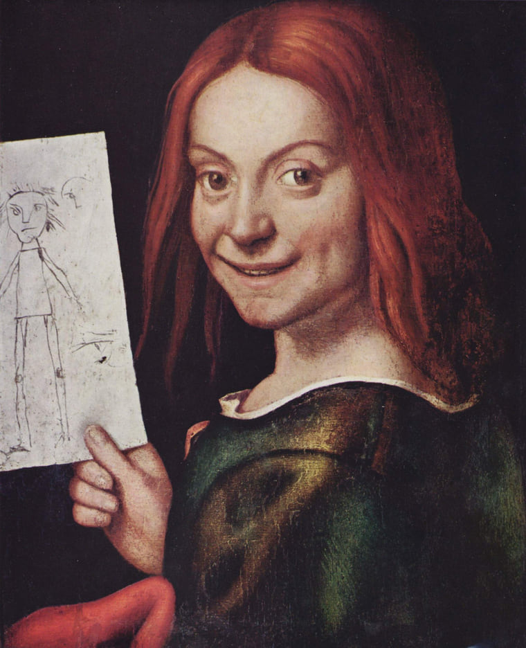 卡罗托的油画《手持画的少年》:一名红发少年含笑侧身,手里举着一张儿童涂鸦